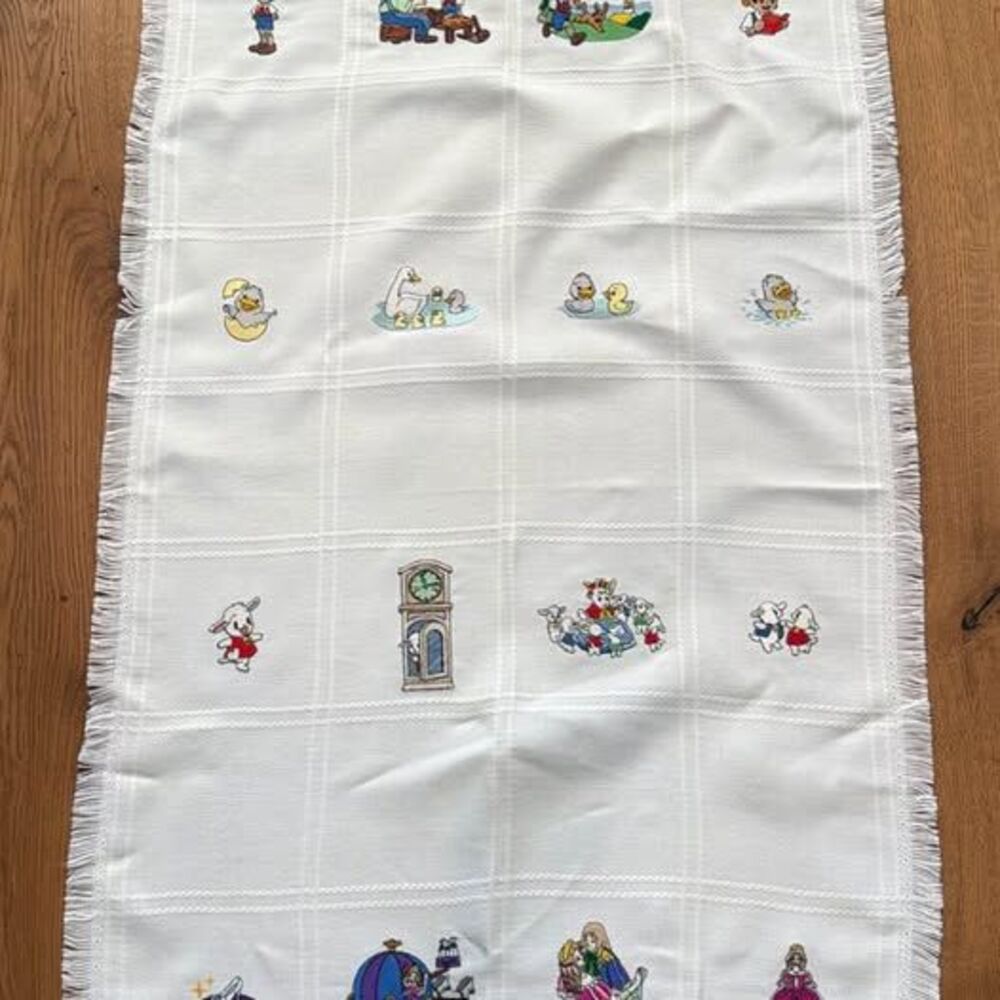 Vintage 1970s Fairy Tale Embroidered Blanket Nursery Pinocchio Cinderella Woven